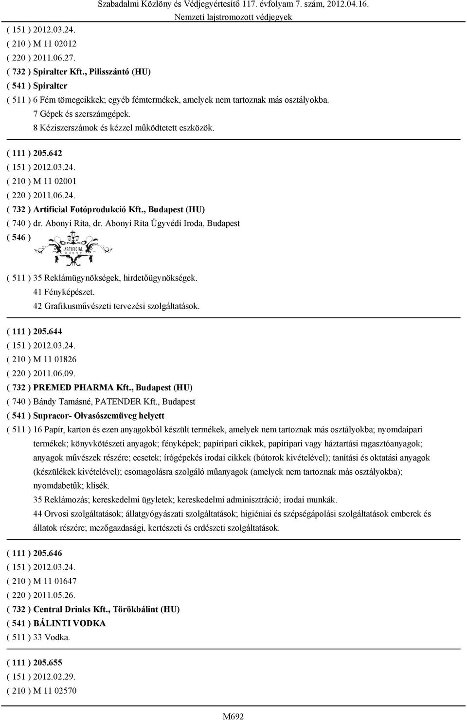 ( 111 ) 205.642 ( 151 ) 2012.03.24. ( 210 ) M 11 02001 ( 220 ) 2011.06.24. ( 732 ) Artificial Fotóprodukció Kft., Budapest (HU) ( 740 ) dr. Abonyi Rita, dr.