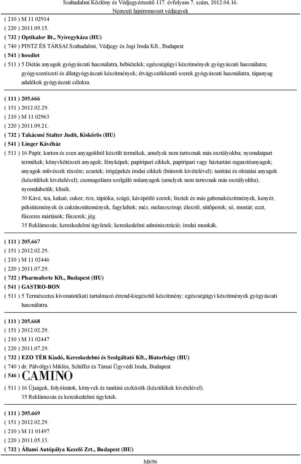 étvágycsökkentő szerek gyógyászati használatra, tápanyag adalékok gyógyászati célokra. ( 111 ) 205.666 ( 151 ) 2012.02.29. ( 210