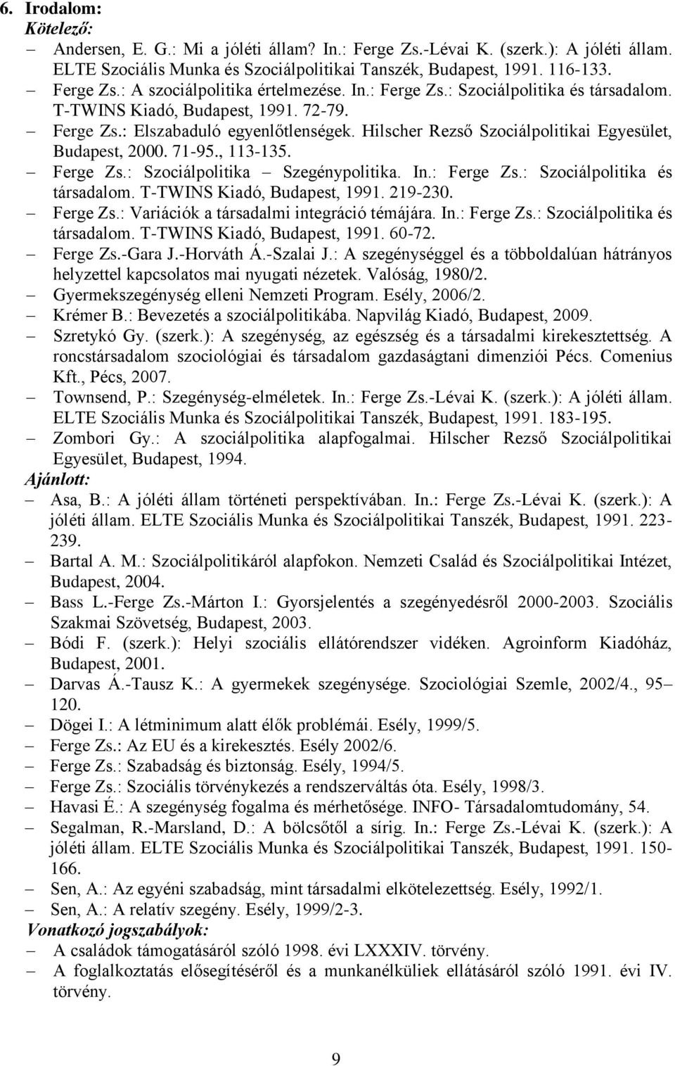 , 113-135. Ferge Zs.: Szociálpolitika Szegénypolitika. In.: Ferge Zs.: Szociálpolitika és társadalom. T-TWINS Kiadó, Budapest, 1991. 219-230. Ferge Zs.: Variációk a társadalmi integráció témájára. In.: Ferge Zs.: Szociálpolitika és társadalom. T-TWINS Kiadó, Budapest, 1991. 60-72.