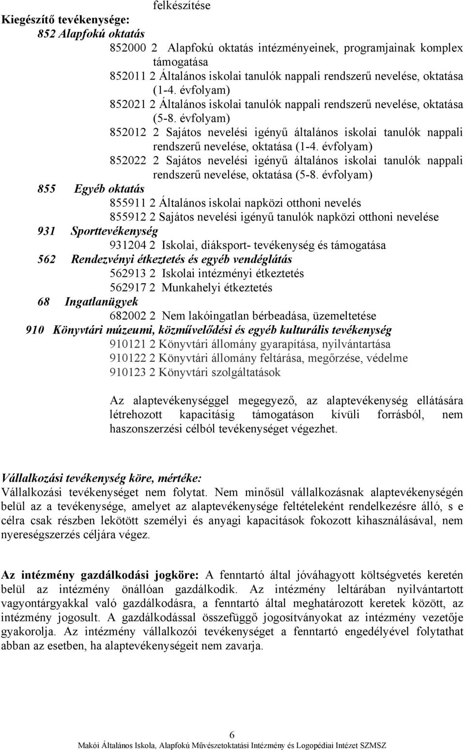 évfolyam) 852012 2 Sajátos nevelési igényű általános iskolai tanulók nappali rendszerű nevelése, oktatása (1-4.