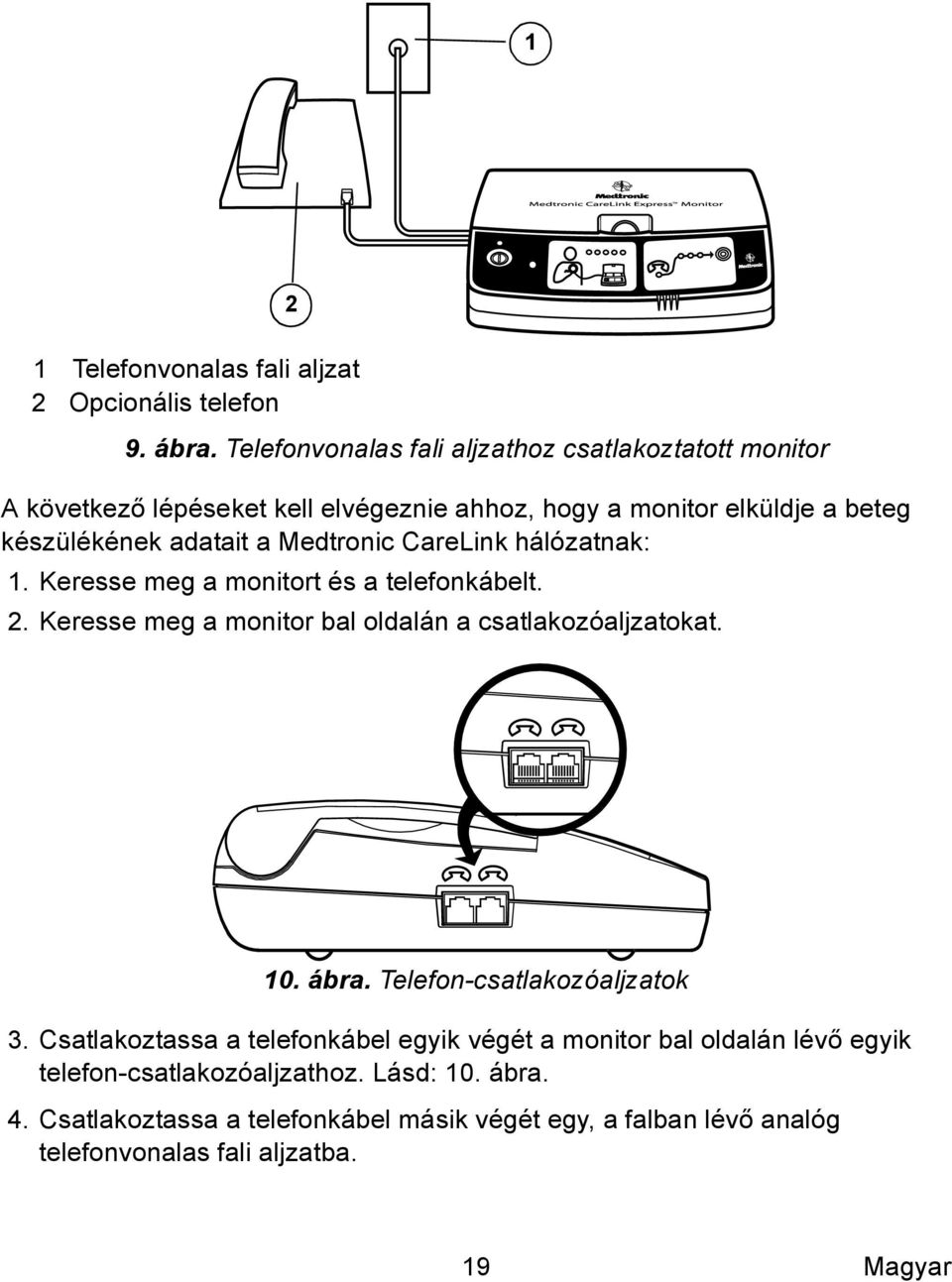 Medtronic CareLink hálózatnak: 1. Keresse meg a monitort és a telefonkábelt. 2. Keresse meg a monitor bal oldalán a csatlakozóaljzatokat. 10. ábra.