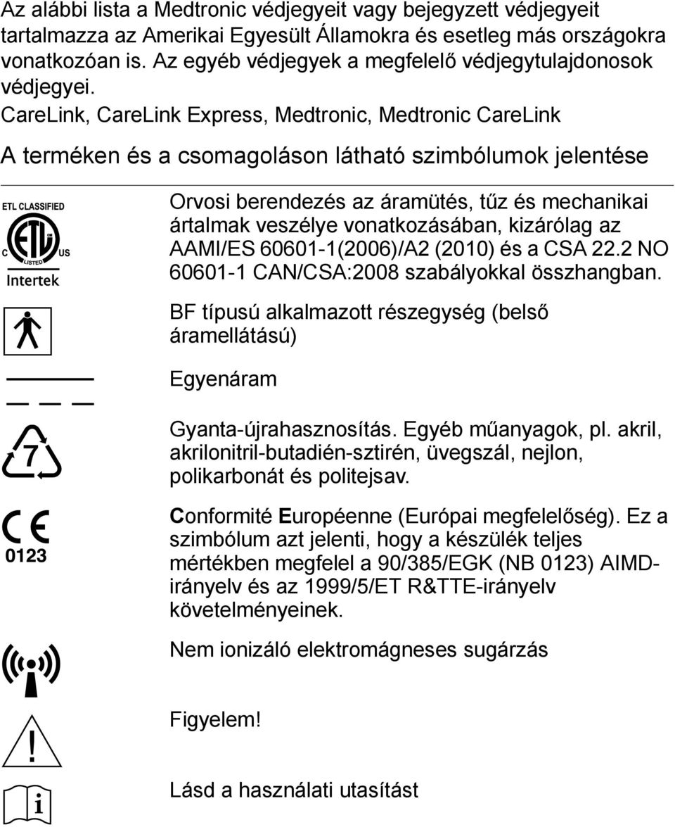 CareLink, CareLink Express, Medtronic, Medtronic CareLink A terméken és a csomagoláson látható szimbólumok jelentése Orvosi berendezés az áramütés, tűz és mechanikai ártalmak veszélye vonatkozásában,