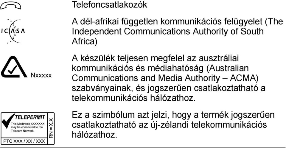 Communications and Media Authority ACMA) szabványainak, és jogszerűen csatlakoztatható a telekommunikációs
