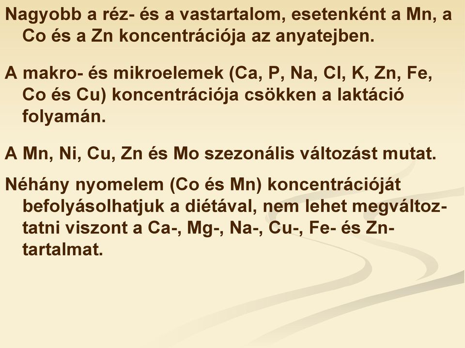 folyamán. A Mn, Ni, Cu, Zn és Mo szezonális változást mutat.