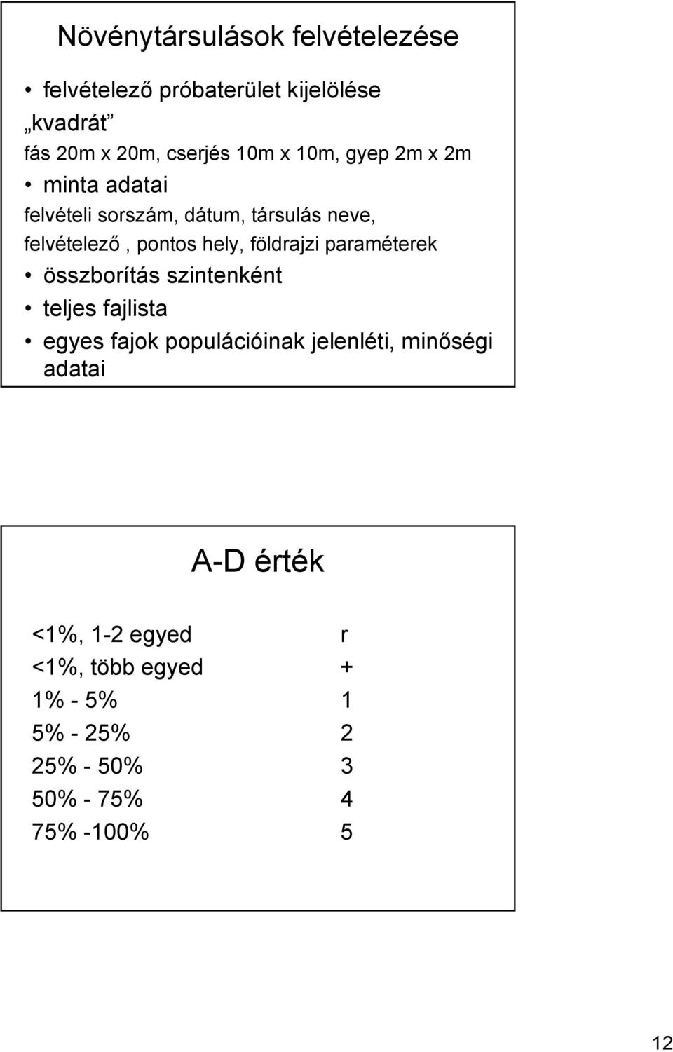 földrajzi paraméterek összborítás szintenként teljes fajlista egyes fajok populációinak jelenléti,