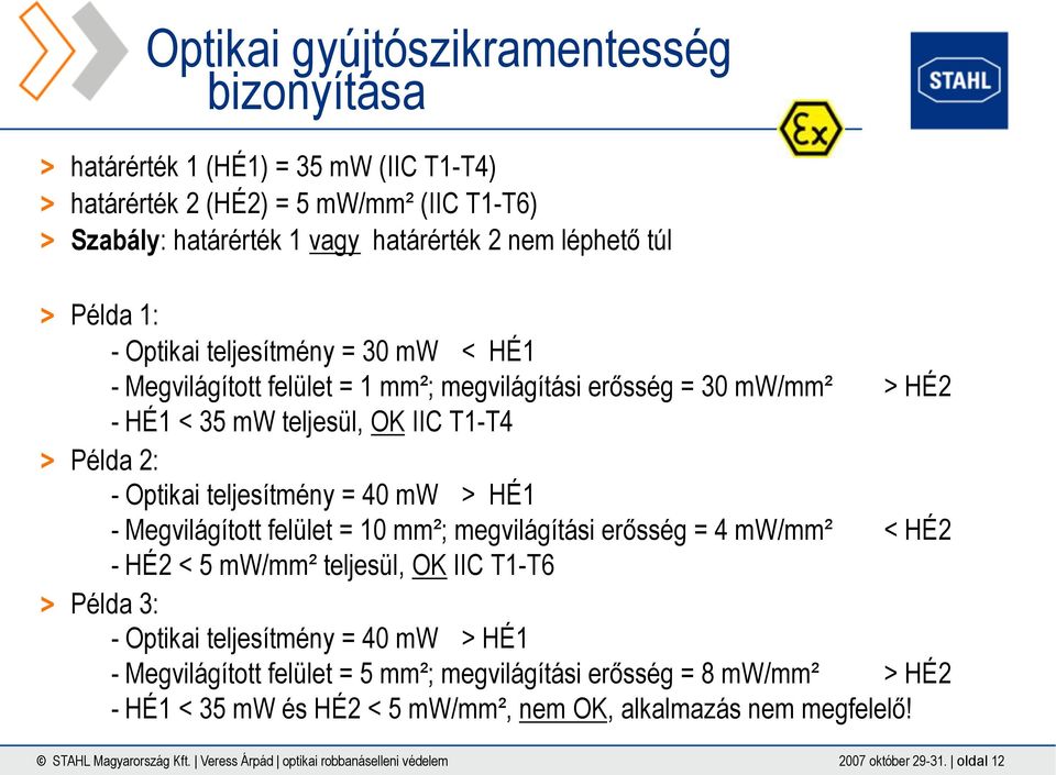 Megvilágított felület = 10 mm²; megvilágítási erősség = 4 mw/mm² < HÉ2 - HÉ2 < 5 mw/mm² teljesül, OK IIC T1-T6 Példa 3: - Optikai teljesítmény = 40 mw > HÉ1 - Megvilágított felület = 5 mm²;