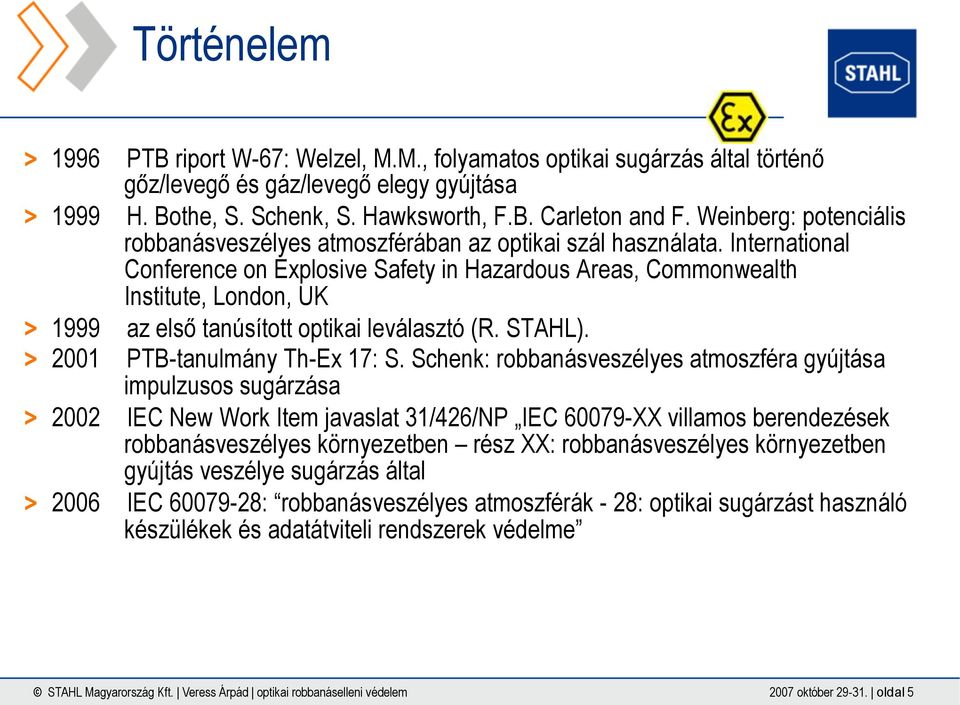 International Conference on Explosive Safety in Hazardous Areas, Commonwealth Institute, London, UK 1999 az első tanúsított optikai leválasztó (R. STAHL). 2001 PTB-tanulmány Th-Ex 17: S.