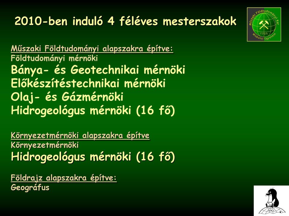 Olaj- és Gázmérnöki Hidrogeológus mérnöki (16 fő) Környezetmérnöki alapszakra