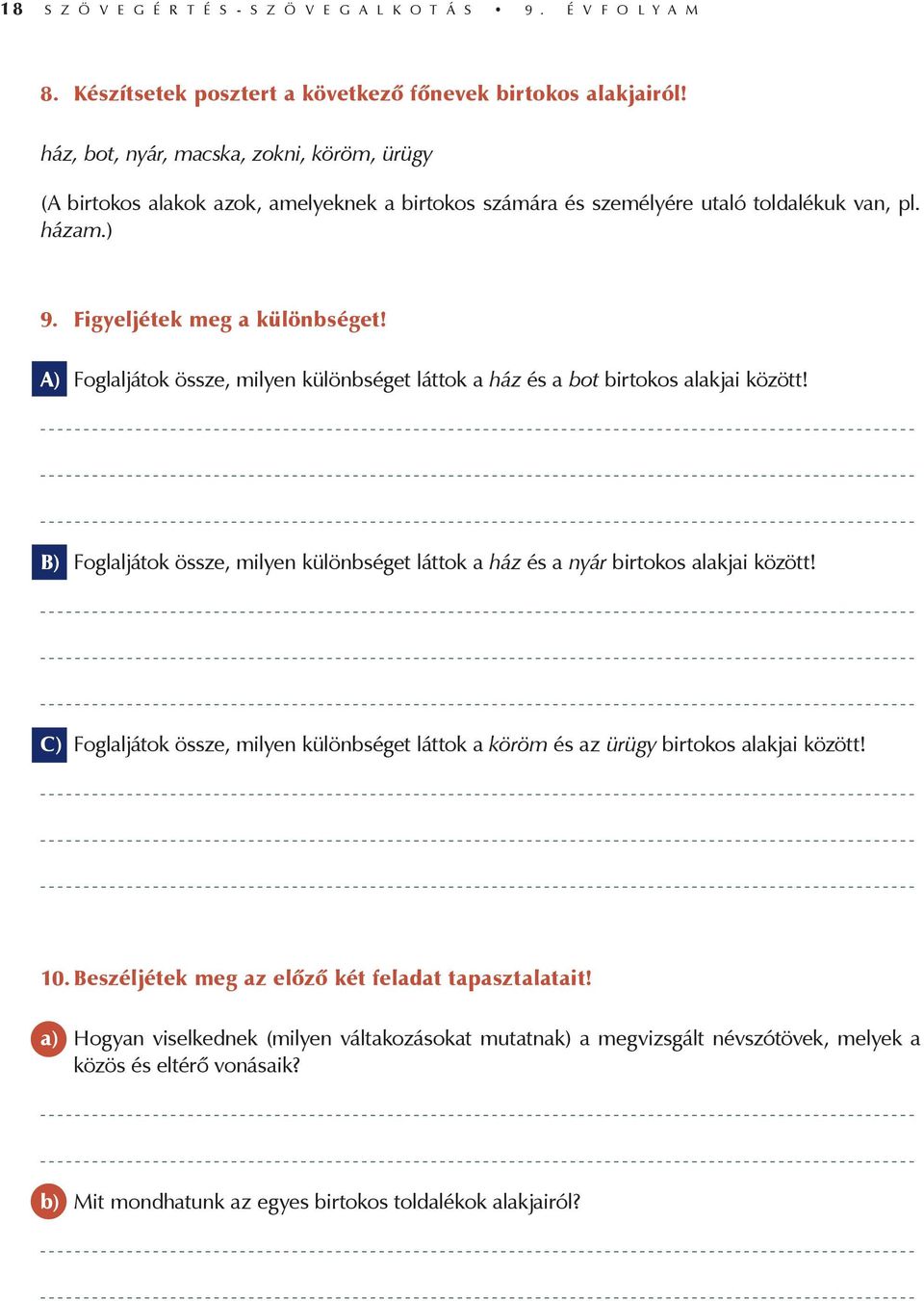 A) Foglaljátok össze, milyen különbséget láttok a ház és a bot birtokos alakjai között! B) Foglaljátok össze, milyen különbséget láttok a ház és a nyár birtokos alakjai között!