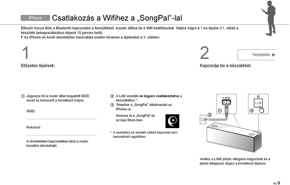 1 Előzetes lépések: 2 Folytatódik Kapcsolja be a készüléket. Jegyezze fel a router által megadott SSID nevet és kulcsszót a következő helyre.