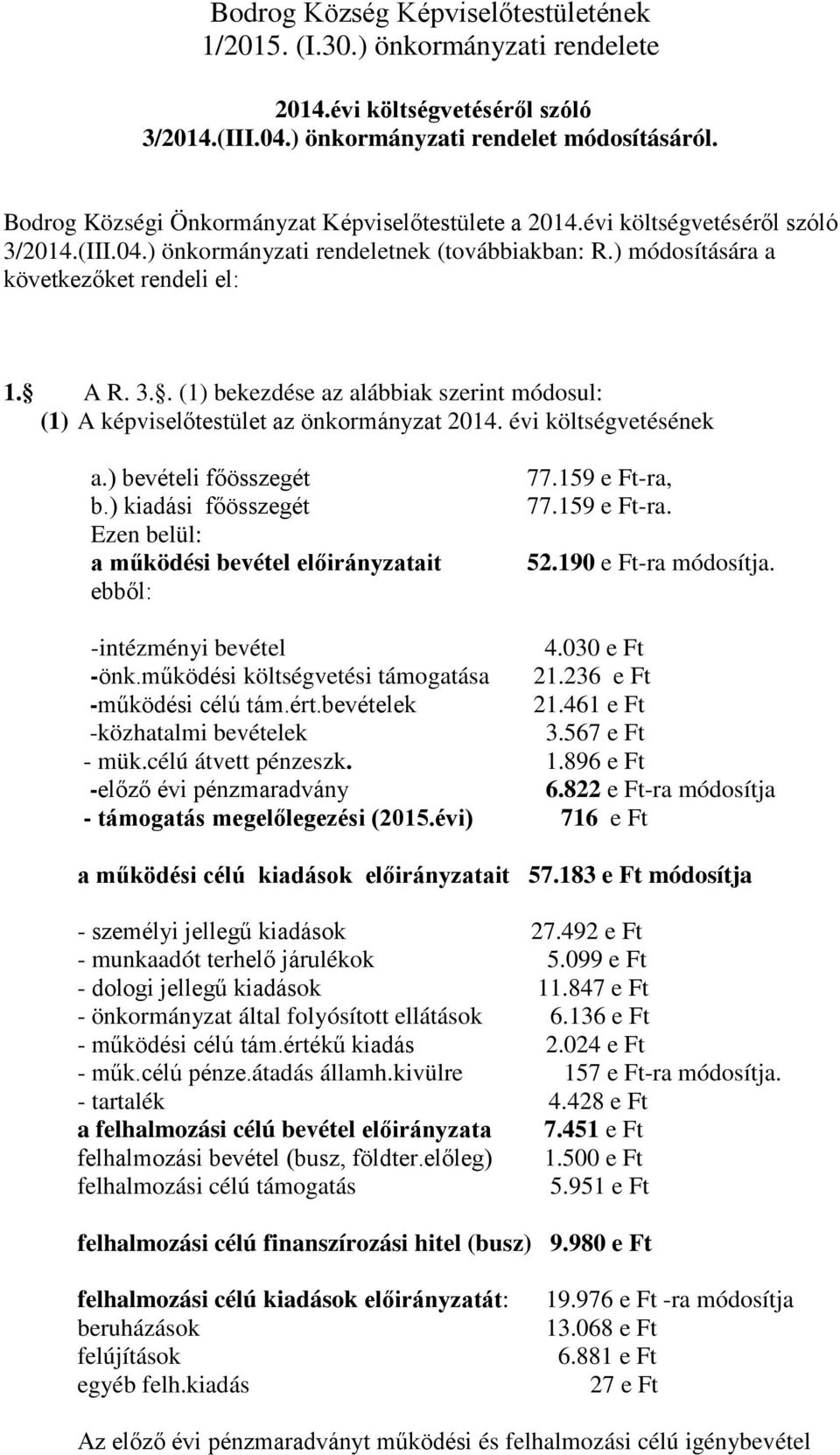 évi költségvetésének a.) bevételi főösszegét b.) kiadási főösszegét Ezen belül: a működési bevétel előirányzatait ebből: 77.159 e Ft-ra, 77.159 e Ft-ra. 52.190 e Ft-ra módosítja.