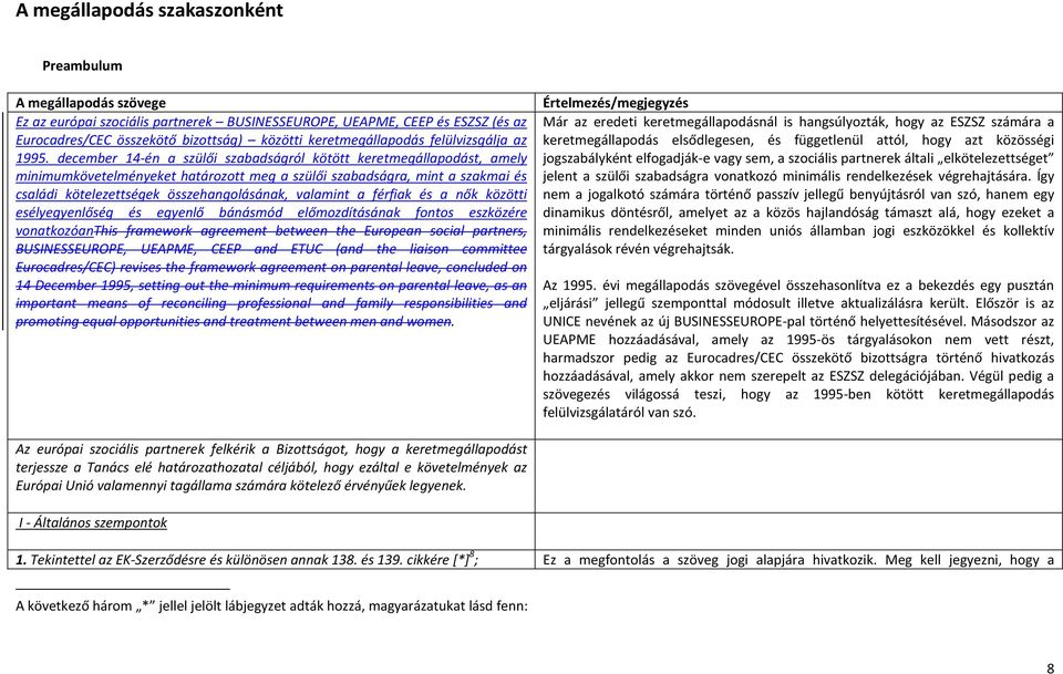 december 14-én a szülői szabadságról kötött keretmegállapodást, amely minimumkövetelményeket határozott meg a szülői szabadságra, mint a szakmai és családi kötelezettségek összehangolásának, valamint