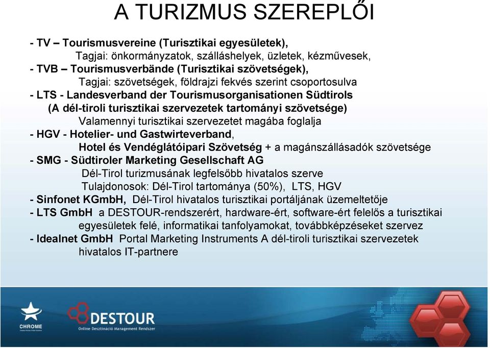 szervezetet magába foglalja - HGV - Hotelier- und Gastwirteverband, Hotel és Vendéglátóipari Szövetség + a magánszállásadók szövetsége - SMG - Südtiroler Marketing Gesellschaft AG Dél-Tirol