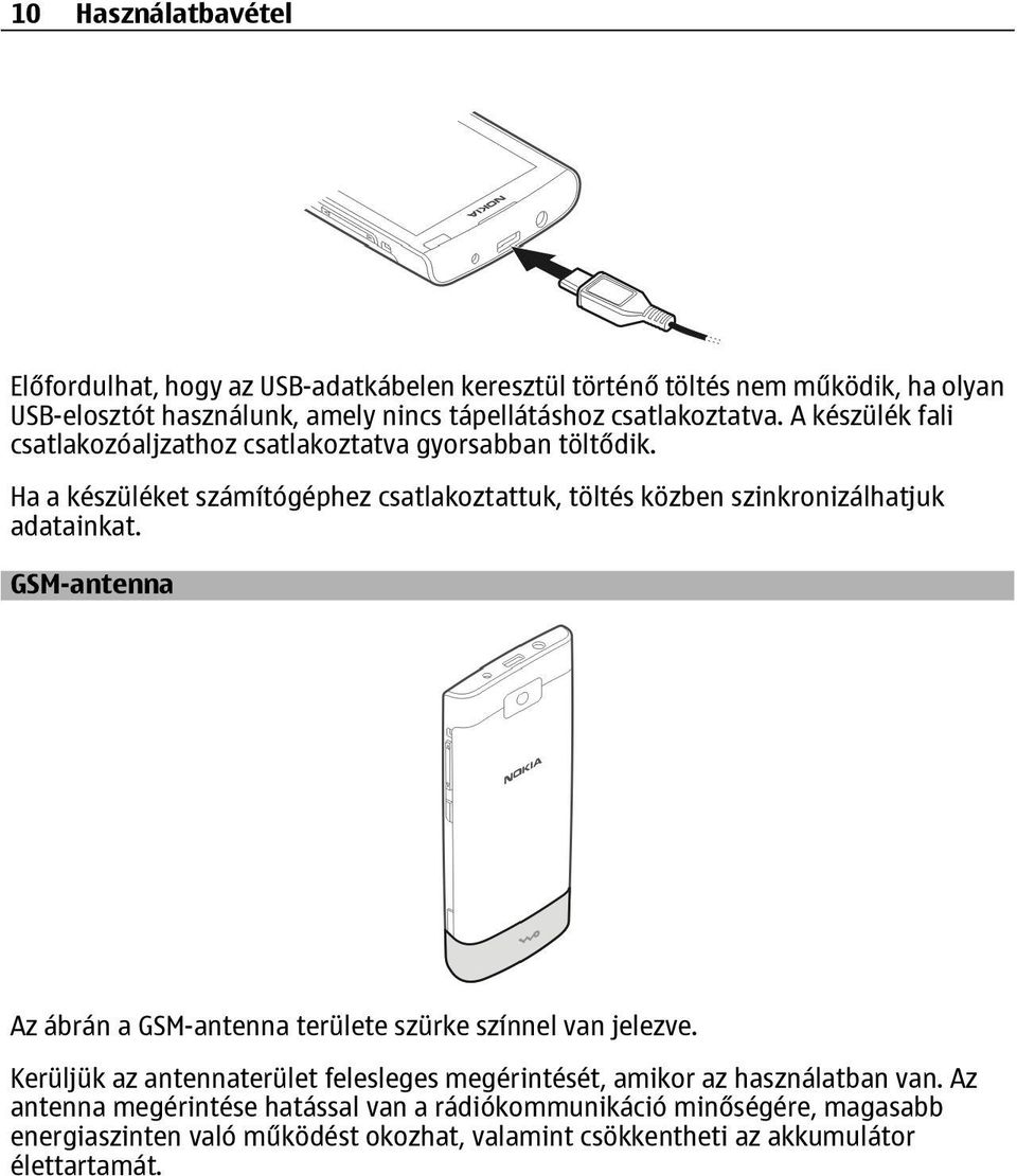 Ha a készüléket számítógéphez csatlakoztattuk, töltés közben szinkronizálhatjuk adatainkat. GSM-antenna Az ábrán a GSM-antenna területe szürke színnel van jelezve.