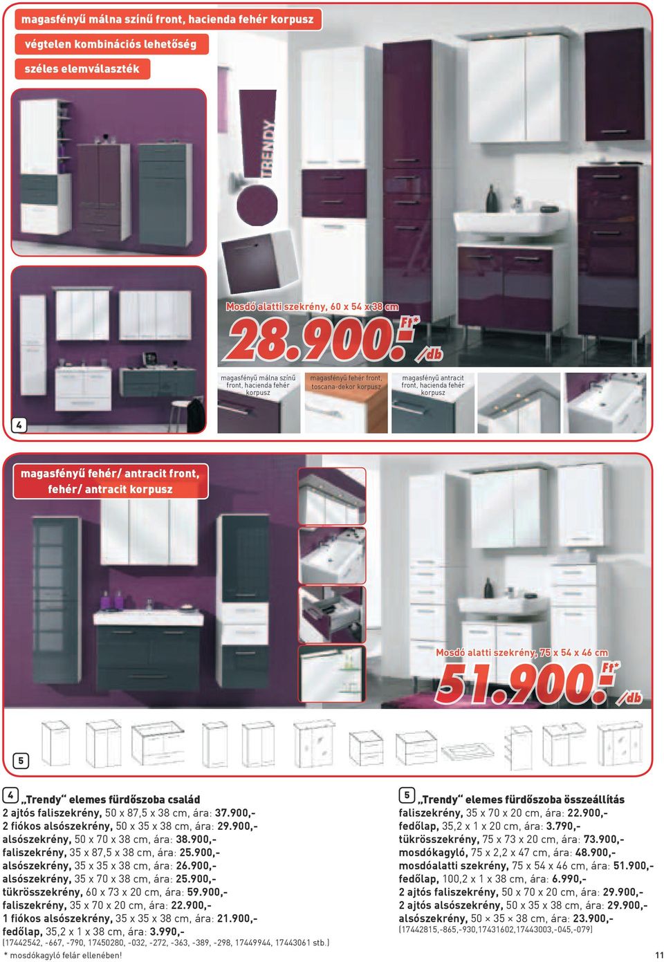 fehér/ antracit korpusz Mosdó alatti szekrény, 75 x 54 x 46 cm 51.900.- Ft*/db 5 4 Trendy elemes fürdőszoba család 2 ajtós faliszekrény, 50 x 87,5 x 38 cm, ára: 37.