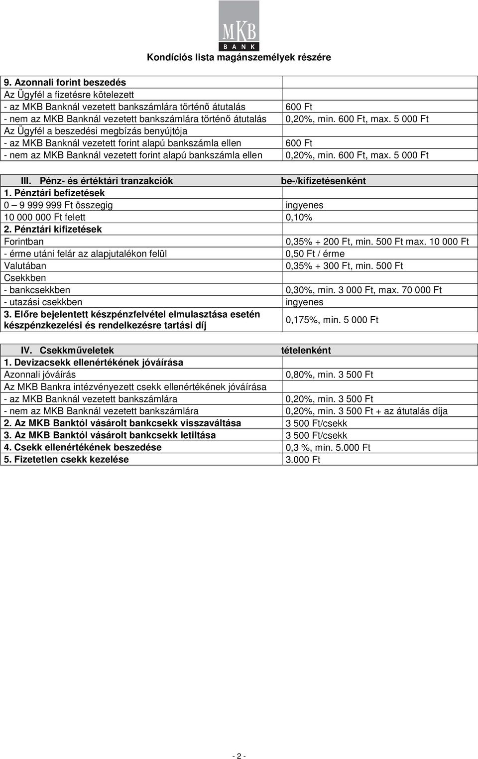 600 Ft, max. 5 000 Ft Az Ügyfél a beszedési megbízás benyújtója - az MKB Banknál vezetett forint alapú bankszámla ellen 600 Ft - nem az MKB Banknál vezetett forint alapú bankszámla ellen 0,20%, min.