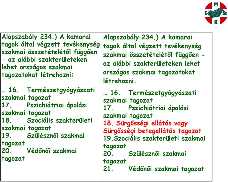 Védőnői szakmai tagozat  Természetgyógyászati szakmai tagozat 17. Pszichiátriai ápolási szakmai tagozat 18. Sürgősségi ellátás vagy Sürgősségi betegellátás tagozat 19.