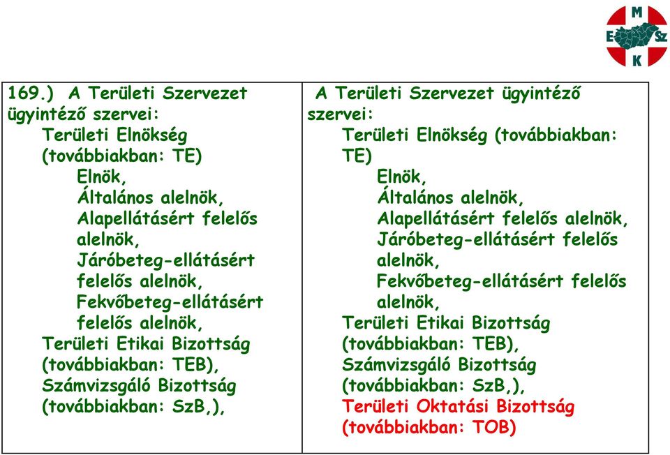 Szervezet ügyintéző szervei: Területi Elnökség (továbbiakban: TE) Elnök, Általános alelnök, Alapellátásért felelős alelnök, Járóbeteg-ellátásért felelős alelnök,