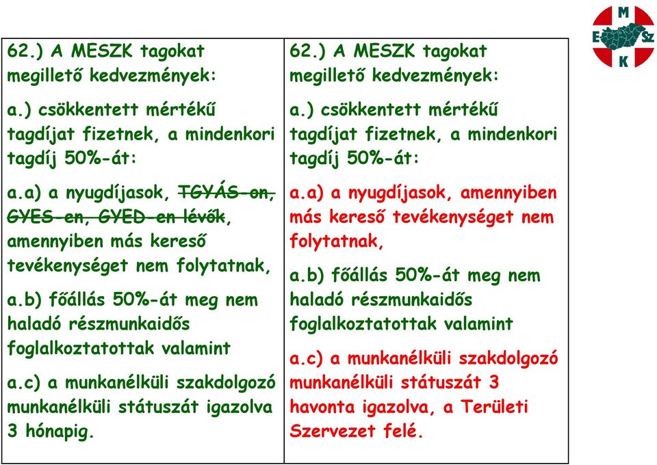 c) a munkanélküli szakdolgozó munkanélküli státuszát igazolva 3 hónapig. a) a nyugdíjasok, amennyiben más kereső tevékenységet nem folytatnak, a.