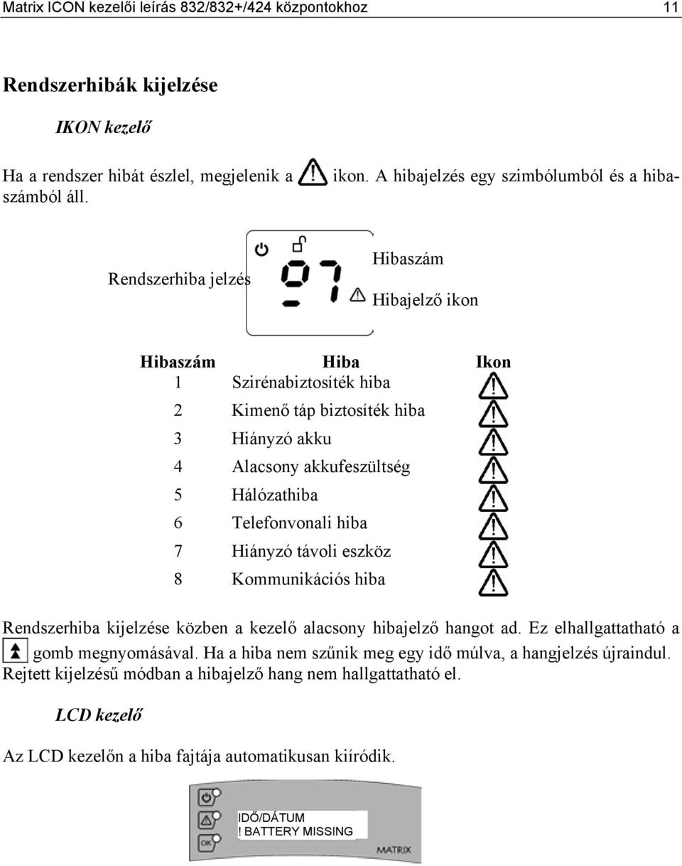 Rendszerhiba jelzés Hibaszám Hibajelző ikon Hibaszám Hiba Ikon 1 Szirénabiztosíték hiba 2 Kimenő táp biztosíték hiba 3 Hiányzó akku 4 Alacsony akkufeszültség 5 Hálózathiba 6 Telefonvonali