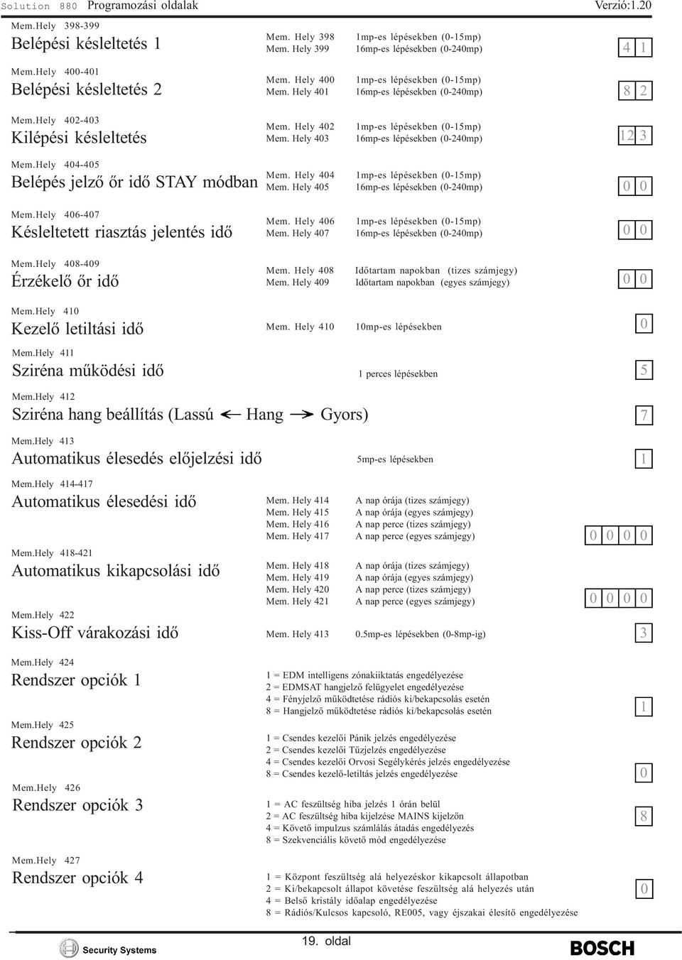 Hely 403 mp-es lépésekben (0-5mp) 6mp-es lépésekben (0-240mp) 2 3 Mem.Hely 404-405 Belépés jelzõ õr idõ STAY módban Mem. Hely 404 Mem.