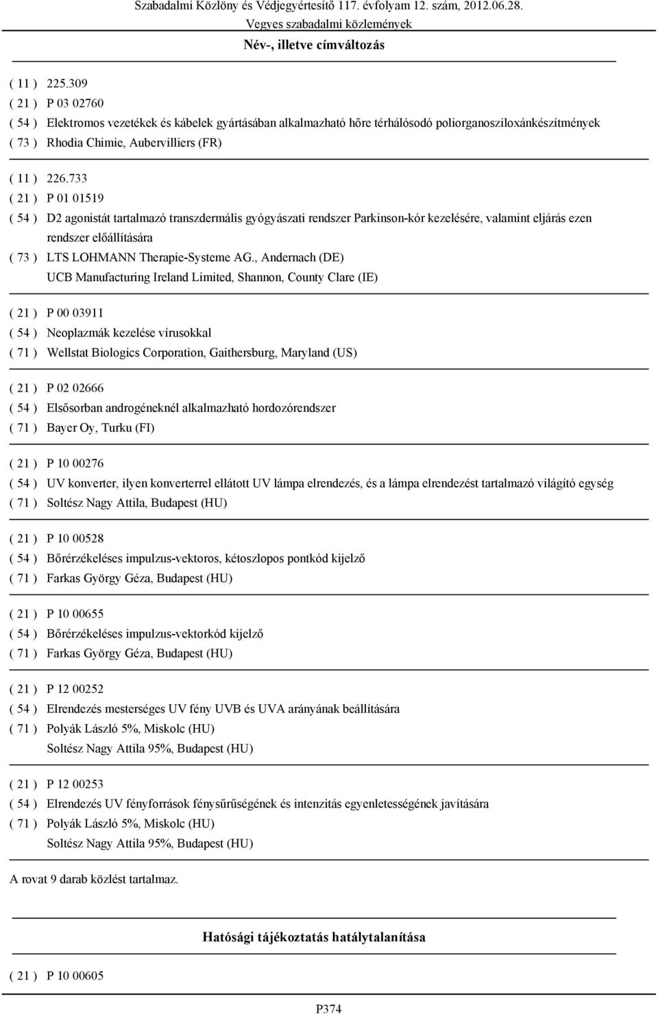 , Andernach (DE) UCB Manufacturing Ireland Limited, Shannon, County Clare (IE) P 00 03911 Neoplazmák kezelése vírusokkal Wellstat Biologics Corporation, Gaithersburg, Maryland (US) P 02 02666