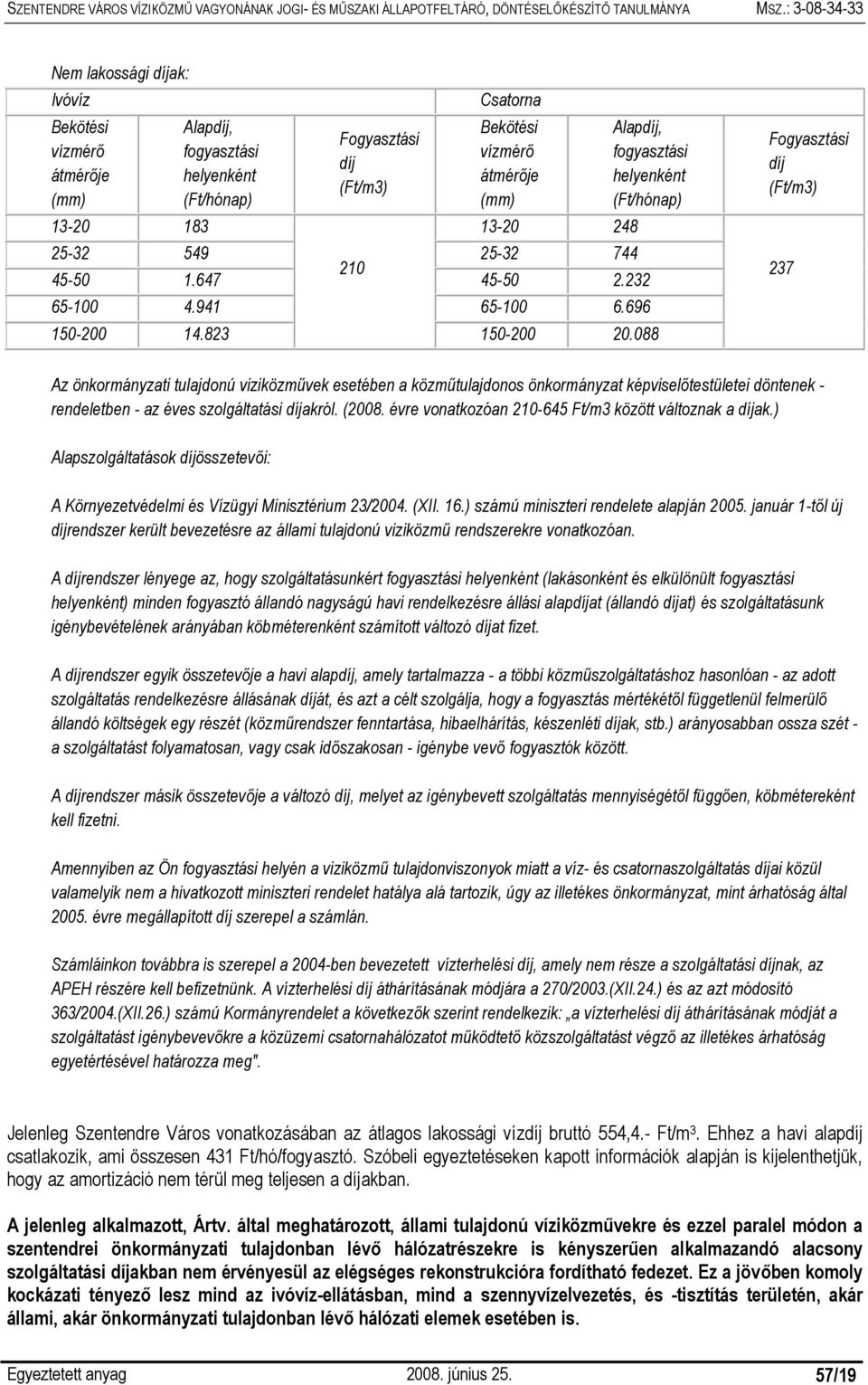 088 Fogyasztási díj (Ft/m3) 237 Az önkormányzati tulajdonú viziközművek esetében a közműtulajdonos önkormányzat képviselőtestületei döntenek - rendeletben - az éves szolgáltatási díjakról. (2008.