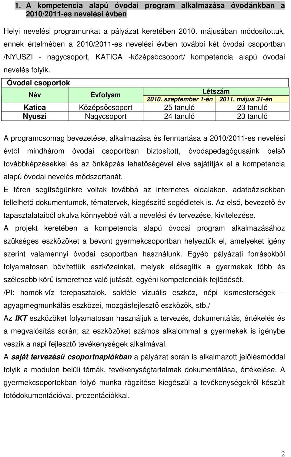 Óvodai csoportok Név Évfolyam Létszám 2010. szeptember 1-én 2011.