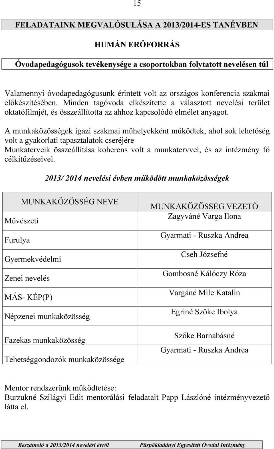 A munkaközösségek igazi szakmai műhelyekként működtek, ahol sok lehetőség volt a gyakorlati tapasztalatok cseréjére Munkaterveik összeállítása koherens volt a munkatervvel, és az intézmény fő