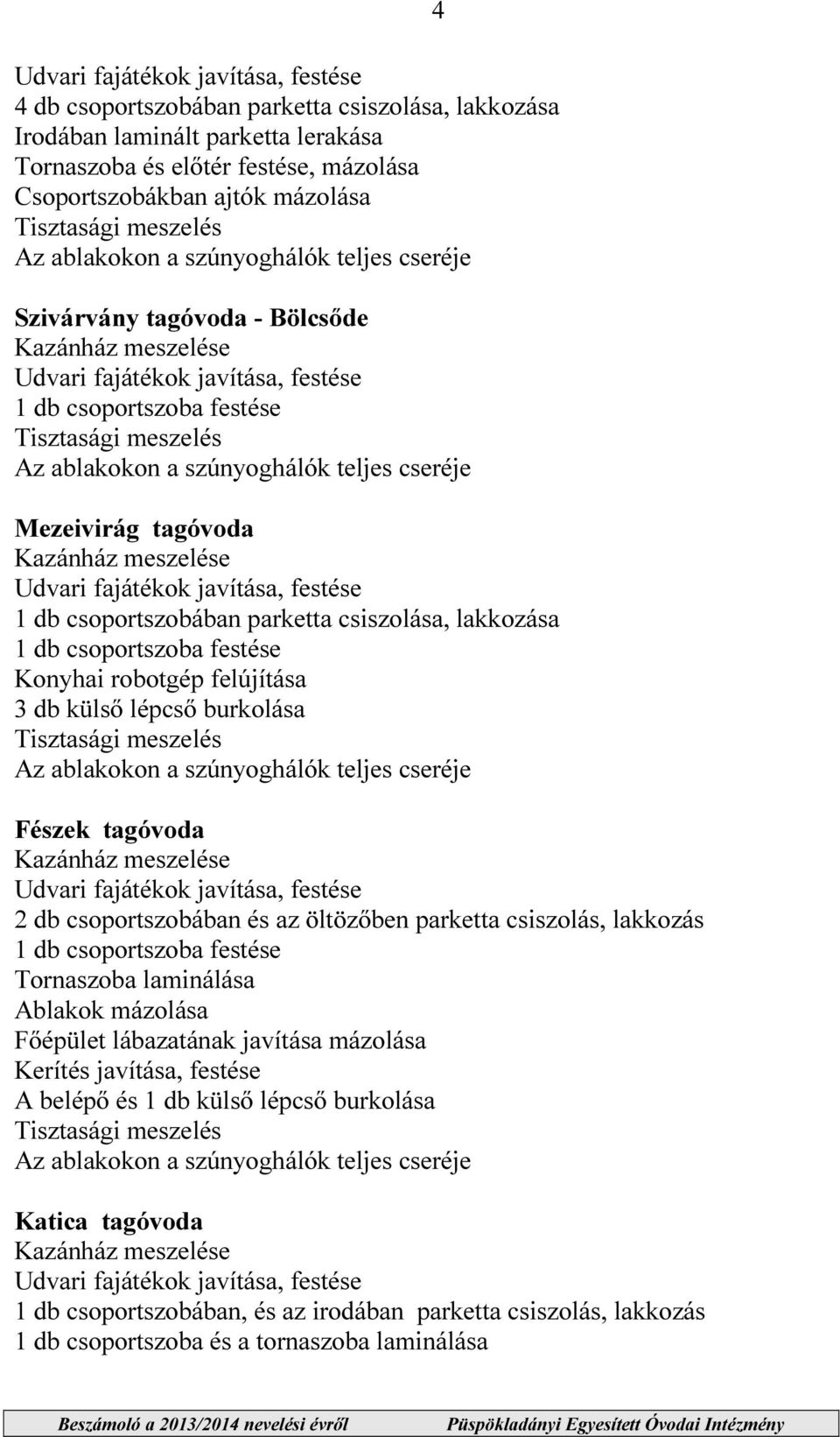 ablakokon a szúnyoghálók teljes cseréje Mezeivirág tagóvoda Kazánház meszelése Udvari fajátékok javítása, festése 1 db csoportszobában parketta csiszolása, lakkozása 1 db csoportszoba festése Konyhai