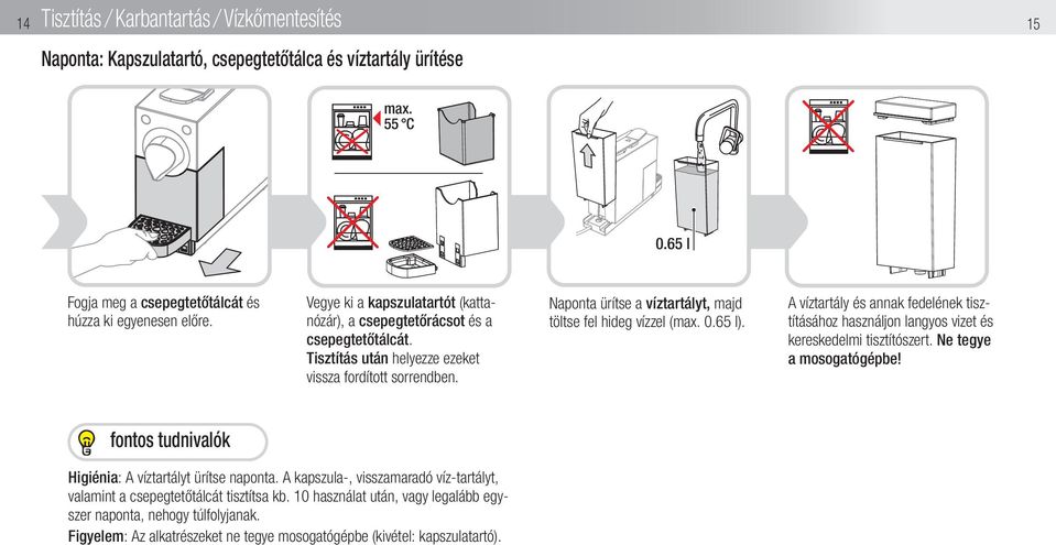 Naponta ürítse a víztartályt, majd töltse fel hideg vízzel (max. 0.65 l). A víztartály és annak fedelének tisztításához használjon langyos vizet és kereskedelmi tisztítószert.