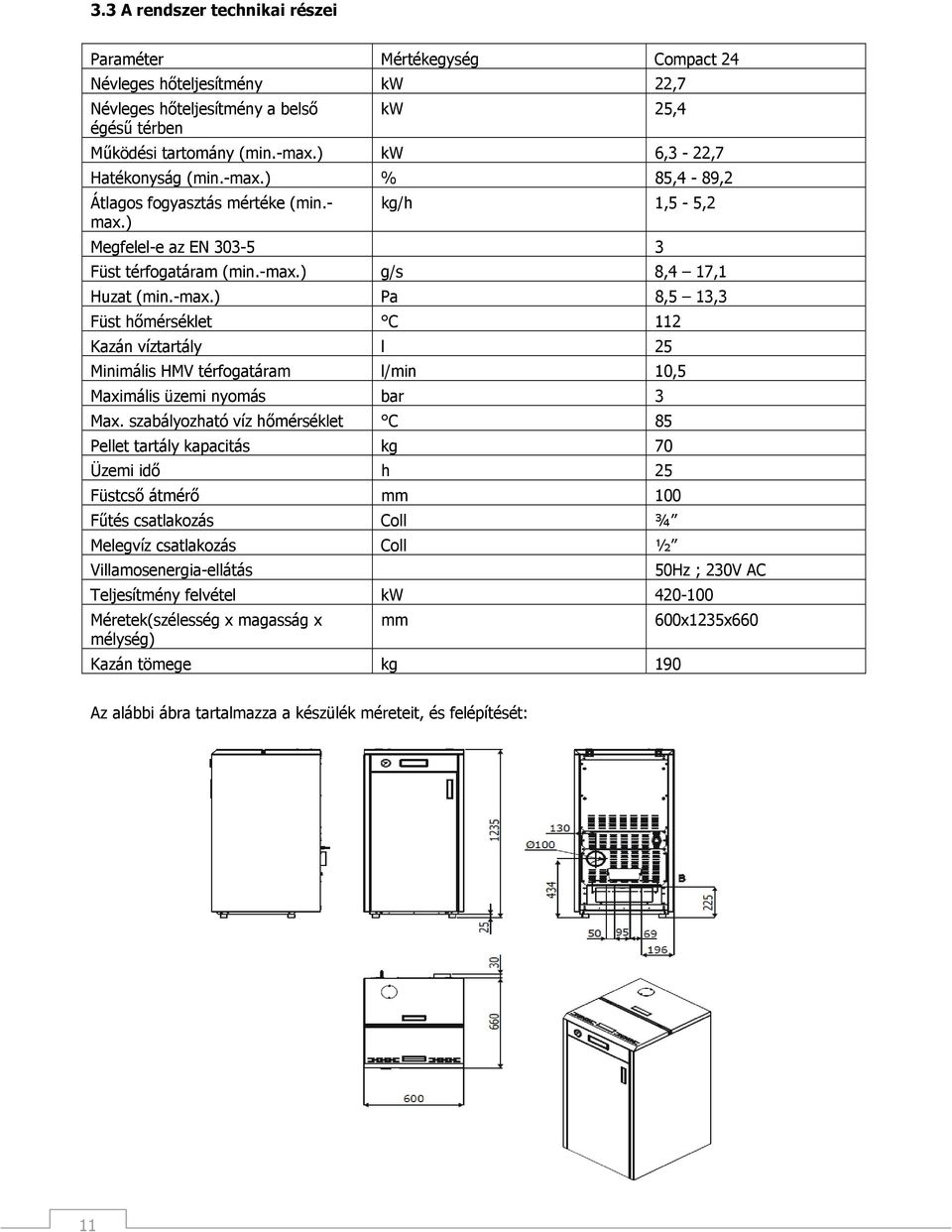 szabályozható víz hőmérséklet C 85 Pellet tartály kapacitás kg 70 Üzemi idő h 25 Füstcső átmérő mm 100 Fűtés csatlakozás Coll ¾ Melegvíz csatlakozás Coll ½ Villamosenergia-ellátás 50Hz ; 230V AC