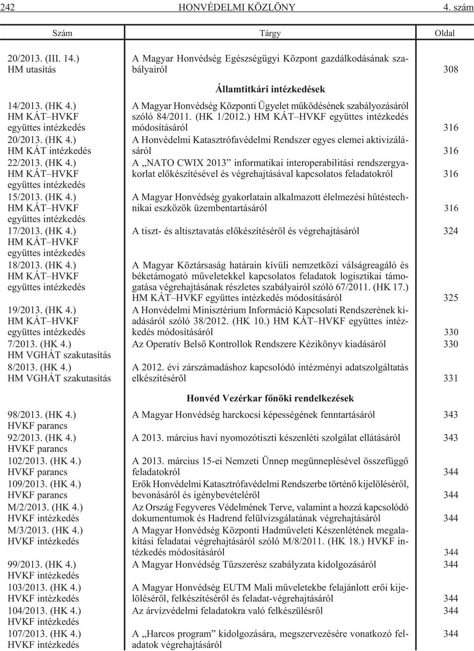 (HK 4.) HM VGHÁT szakutasítás 8/2013. (HK 4.) HM VGHÁT szakutasítás 98/2013. (HK 4.) HVKF parancs 92/2013. (HK 4.) HVKF parancs 102/2013. (HK 4.) HVKF parancs 109/2013. (HK 4.) HVKF parancs M/2/2013.