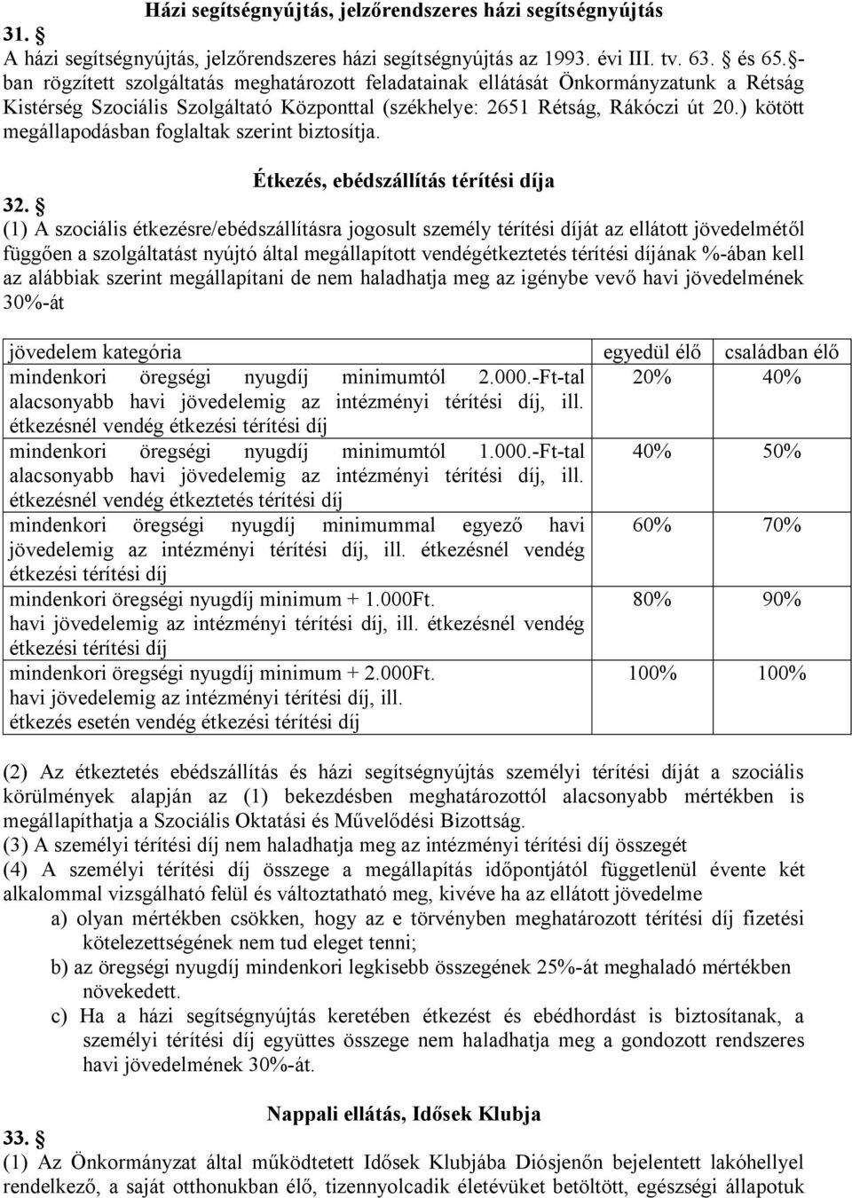 ) kötött megállapodásban foglaltak szerint biztosítja. Étkezés, ebédszállítás térítési díja 32.