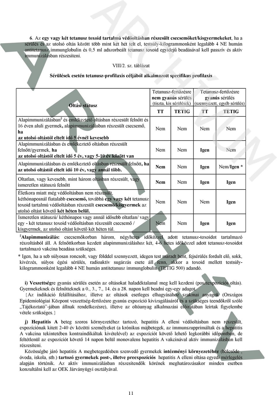 táblázat Sérülések esetén tetanusz-profilaxis céljából alkalmazott specifikus profilaxis Oltási státusz Alapimmunizálásban és emlékeztető oltásban részesült felnőtt és 16 éven aluli gyermek,