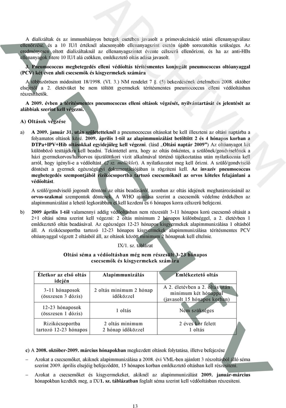 Pneumococcus megbetegedés elleni védőoltás térítésmentes konjugált pneumococcus oltóanyaggal (PCV) két éven aluli csecsemők és kisgyermekek számára A többszörösen módosított 18/1998. (VI. 3.