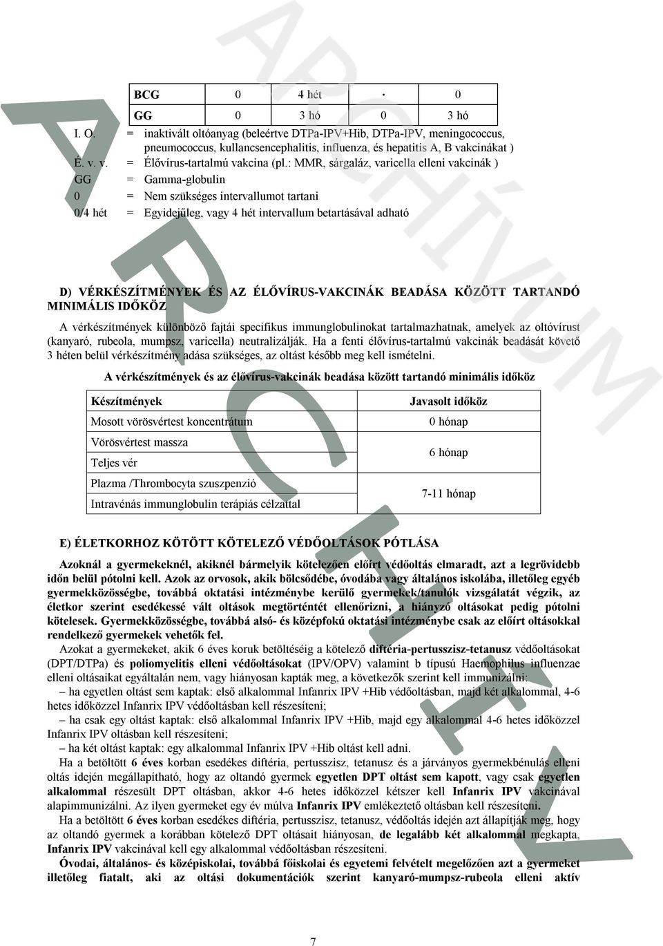 : MMR, sárgaláz, varicella elleni vakcinák ) GG = Gamma-globulin 0 = Nem szükséges intervallumot tartani 0/4 hét = Egyidejűleg, vagy 4 hét intervallum betartásával adható D) VÉRKÉSZÍTMÉNYEK ÉS AZ