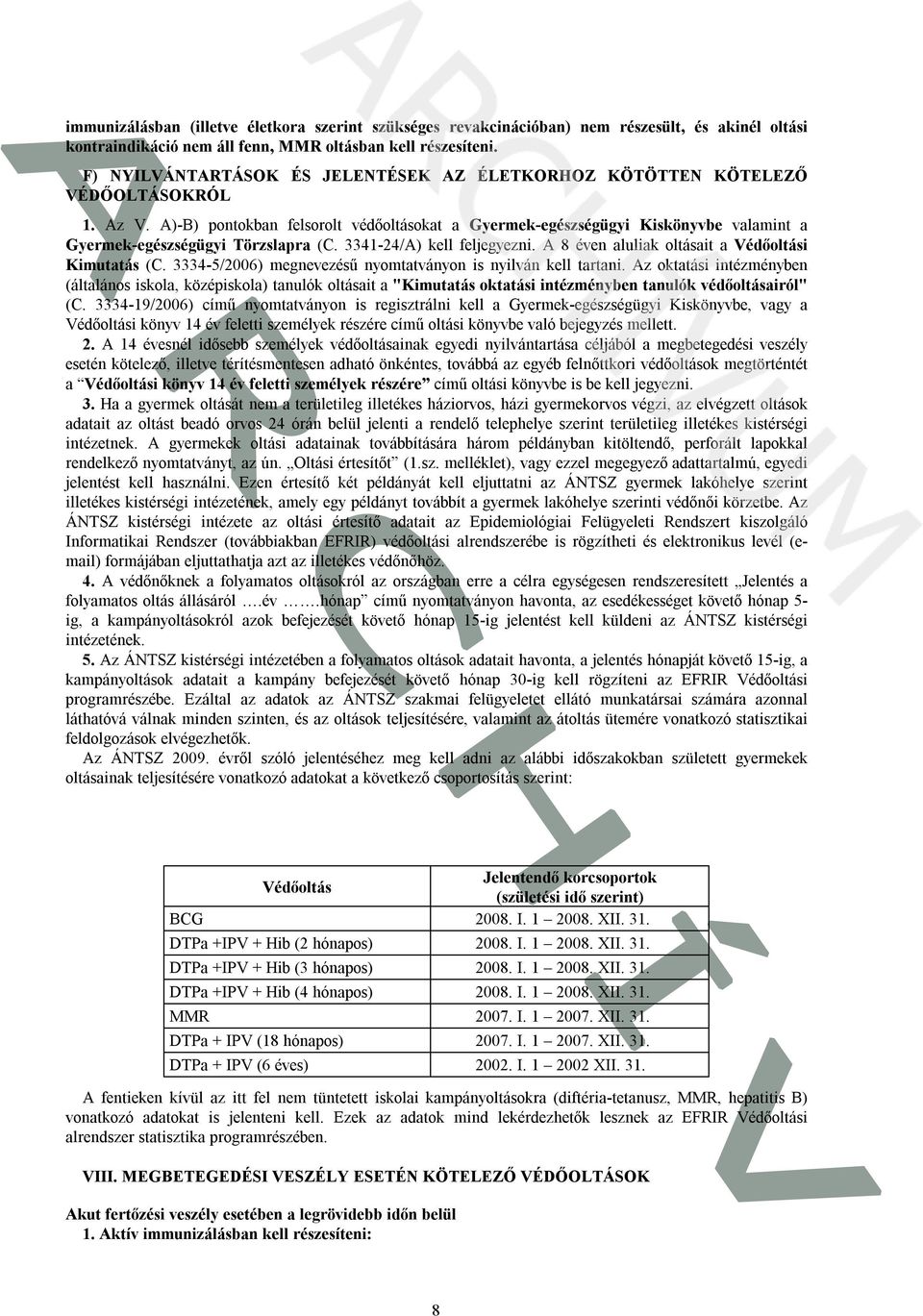 A)-B) pontokban felsorolt védőoltásokat a Gyermek-egészségügyi Kiskönyvbe valamint a Gyermek-egészségügyi Törzslapra (C. 3341-24/A) kell feljegyezni.