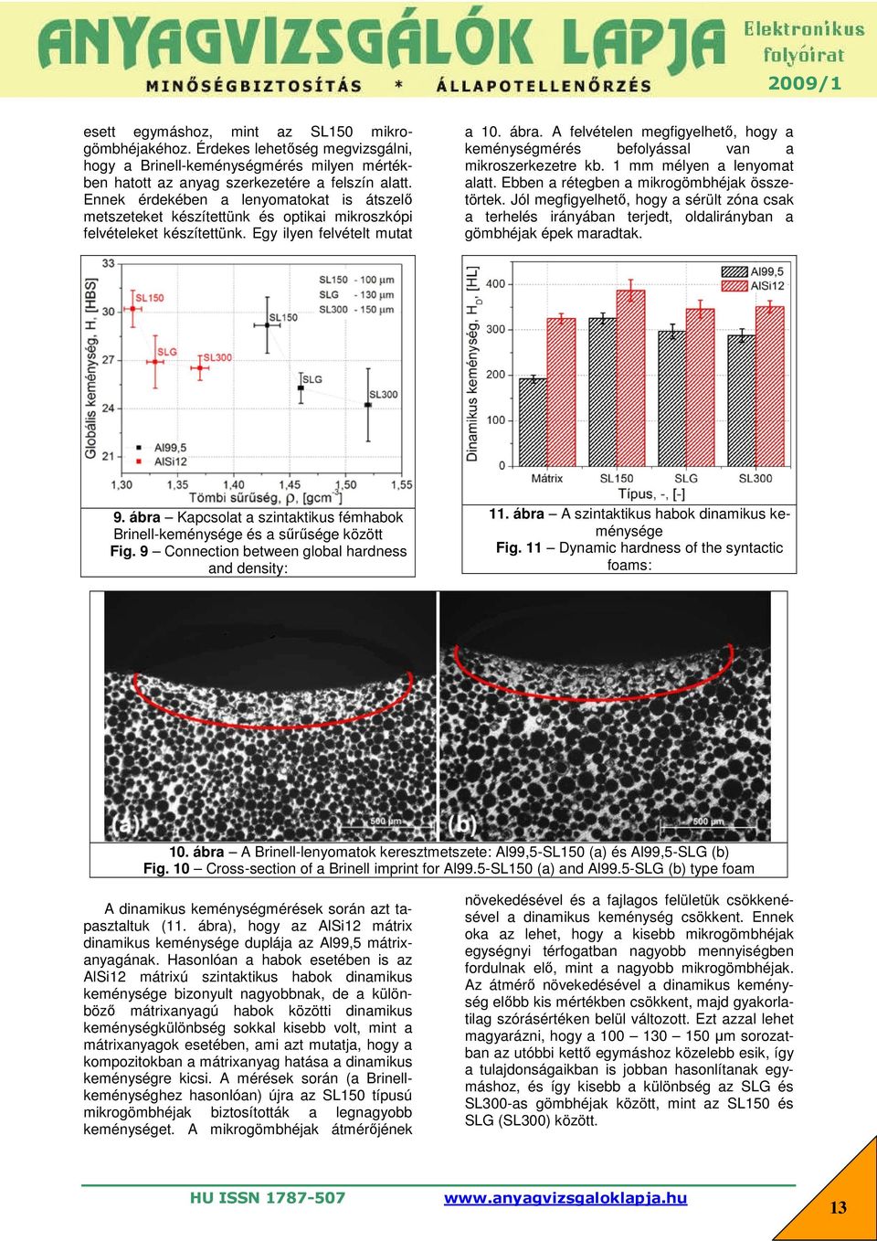 ábra Kapcsolat a szintaktikus fémhabok Brinell-keménysége és a sűrűsége között Fig. 9 Connection between global hardness and density: a 10. ábra.