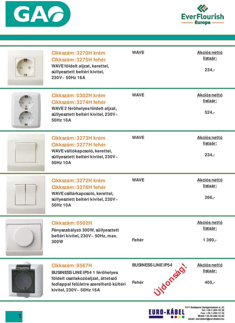 krém Cikkszám: 3276H fehér WAVE csillárkapcsoló, kerettel, süllyesztett beltéri kivitel, 230V~ 50Hz 10A WAVE Cikkszám: 0502H Fényszabályzó 300W, süllyesztett beltéri kivitel, 230V~ 50Hz, max.