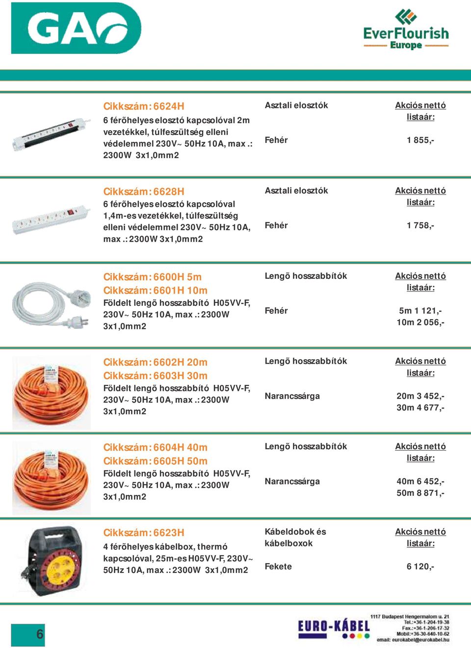 : 2300W 3x1,0mm2 Asztali elosztók 1 758,- Cikkszám: 6600H 5m Cikkszám: 6601H 10m Földelt lengõ hosszabbító H05VV-F, 230V~ 50Hz 10A, max.