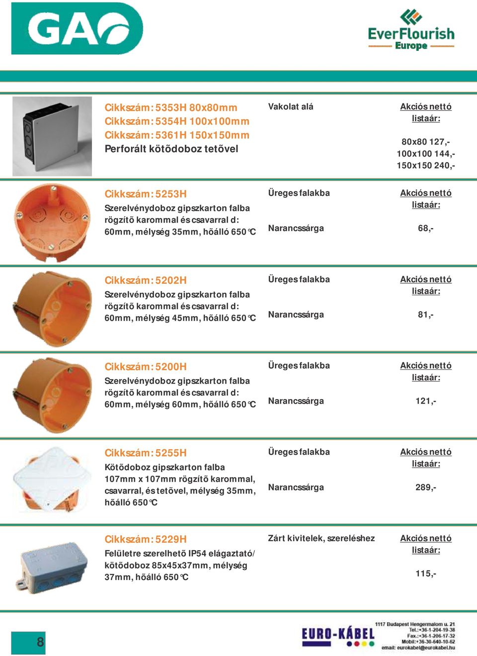 Narancssárga 81,- Cikkszám: 5200H Szerelvénydoboz gipszkarton falba rögzítõ karommal és csavarral d: 60mm, mélység 60mm, hõálló 650 C Üreges falakba Narancssárga Cikkszám: 5255H Kötõdoboz gipszkarton