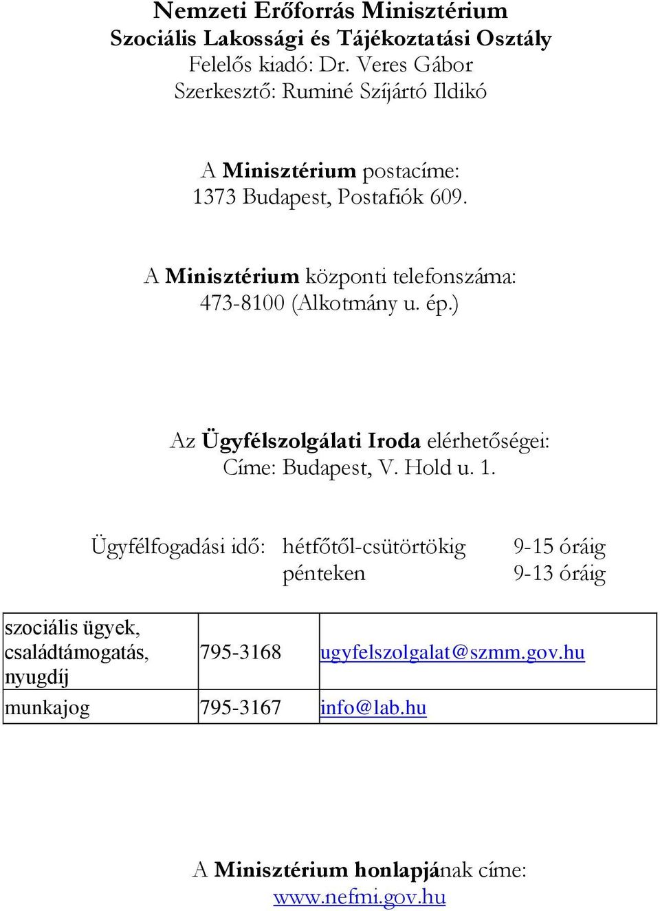 A Minisztérium központi telefonszáma: 473-8100 (Alkotmány u. ép.) Az Ügyfélszolgálati Iroda elérhetőségei: Címe: Budapest, V. Hold u. 1.