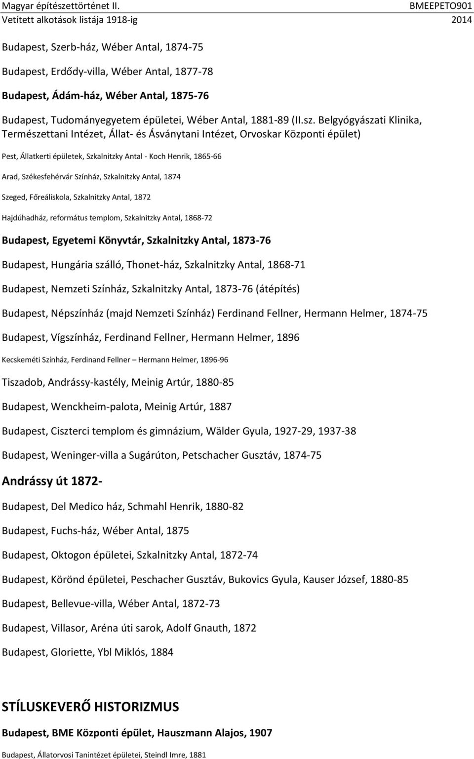 Színház, Szkalnitzky Antal, 1874 Szeged, Főreáliskola, Szkalnitzky Antal, 1872 Hajdúhadház, református templom, Szkalnitzky Antal, 1868-72 Budapest, Egyetemi Könyvtár, Szkalnitzky Antal, 1873-76