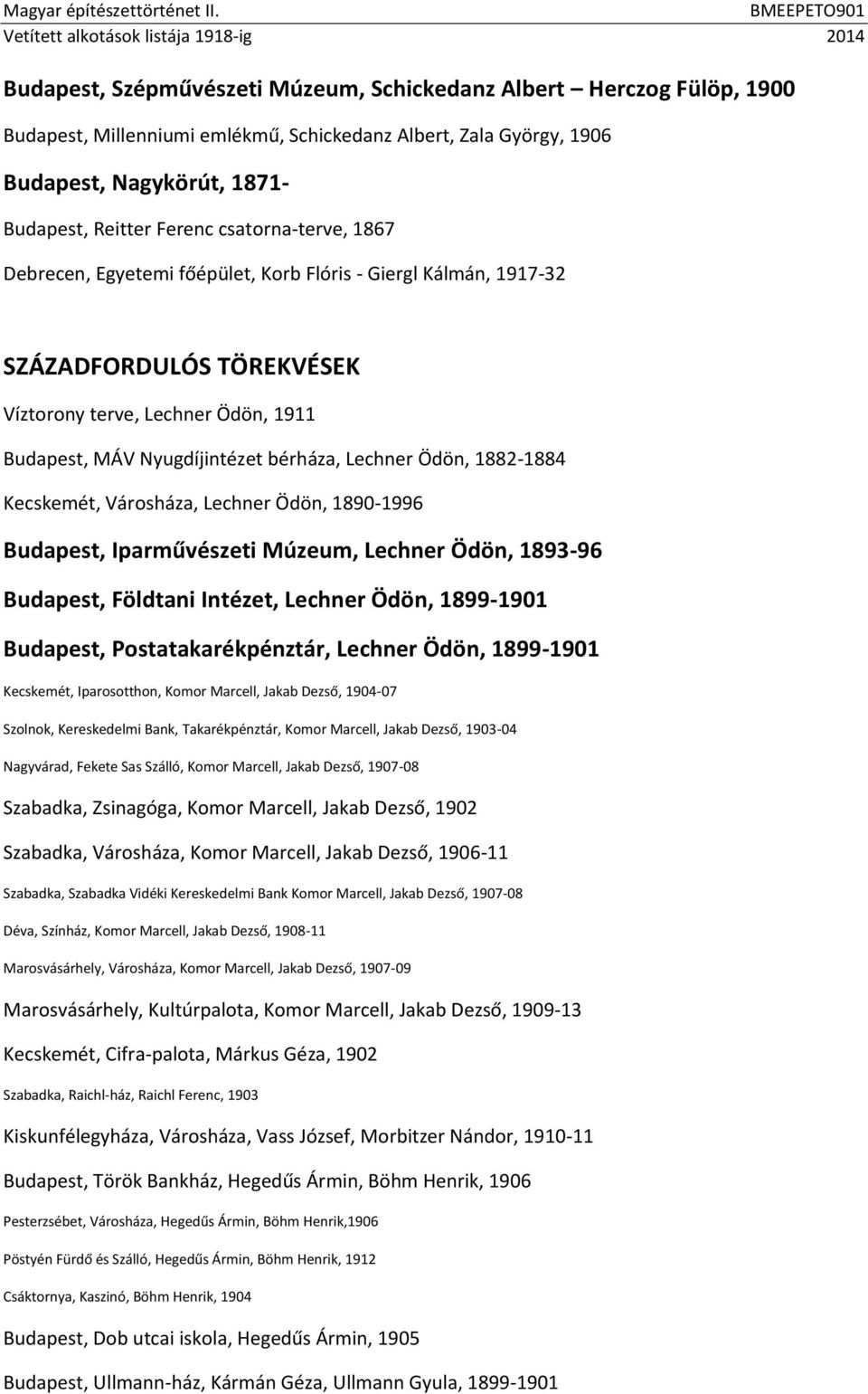 Ödön, 1882-1884 Kecskemét, Városháza, Lechner Ödön, 1890-1996 Budapest, Iparművészeti Múzeum, Lechner Ödön, 1893-96 Budapest, Földtani Intézet, Lechner Ödön, 1899-1901 Budapest, Postatakarékpénztár,