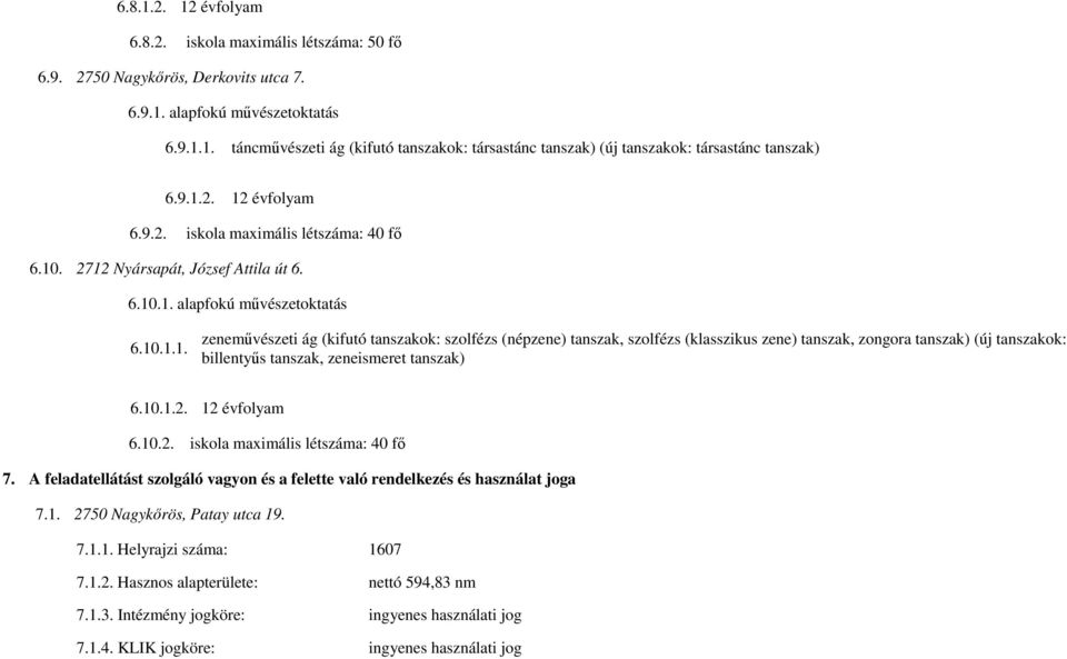 10.1.2. 12 évfolyam 6.10.2. iskola maximális létszáma: 40 fő 7. A feladatellátást szolgáló vagyon és a felette való rendelkezés és használat joga 7.1. 2750 Nagykőrös, Patay utca 19. 7.1.1. Helyrajzi száma: 1607 7.