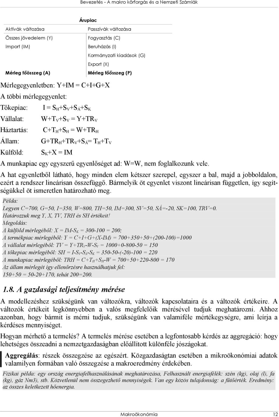 W+TR H G+TR H +TR V +S Á = T H +T V S K +X = IM A munkapiac egy egyszerű egyenlőséget ad: W=W, nem foglalkozunk vele.