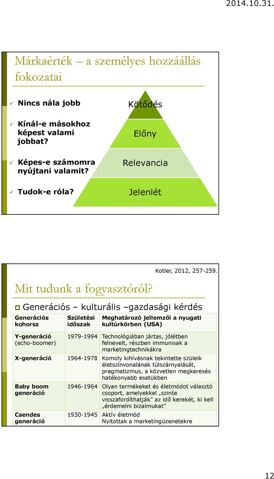 Generációs kulturális gazdasági kérdés Generációs kohorsz Születési időszak Meghatározó jellemzői a nyugati kultúrkörben (USA) Y-generáció (echo-boomer) X-generáció Baby boom generáció Csendes