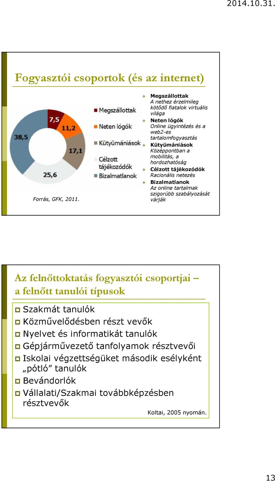 mobilitás, a hordozhatóság Célzott tájékozódók Racionális netezés Bizalmatlanok Az online tartalmak szigorúbb szabályozását várják Az felnőttoktatás fogyasztói