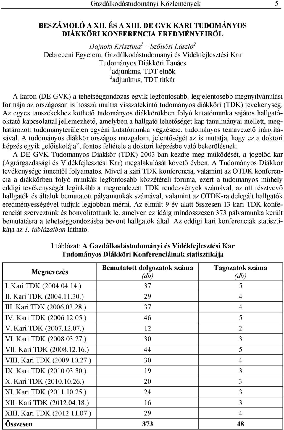 TDT elnök 2 adjunktus, TDT titkár A karon (DE GVK) a tehetséggondozás egyik legfontosabb, legjelentősebb megnyilvánulási formája az országosan is hosszú múltra visszatekintő tudományos diákköri (TDK)